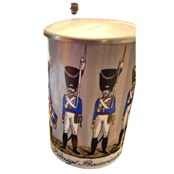 VINTAGE GERMAN LIDDED GLAZED POTTERY STEIN * ROYAL BAVARIAN INFANTRY * apx 9" - Picture 7 of 15
